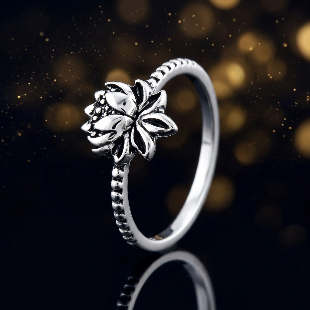 Sterling Silver Oxidized Lotus Flower Beaded Thin Band Ring for Women life4