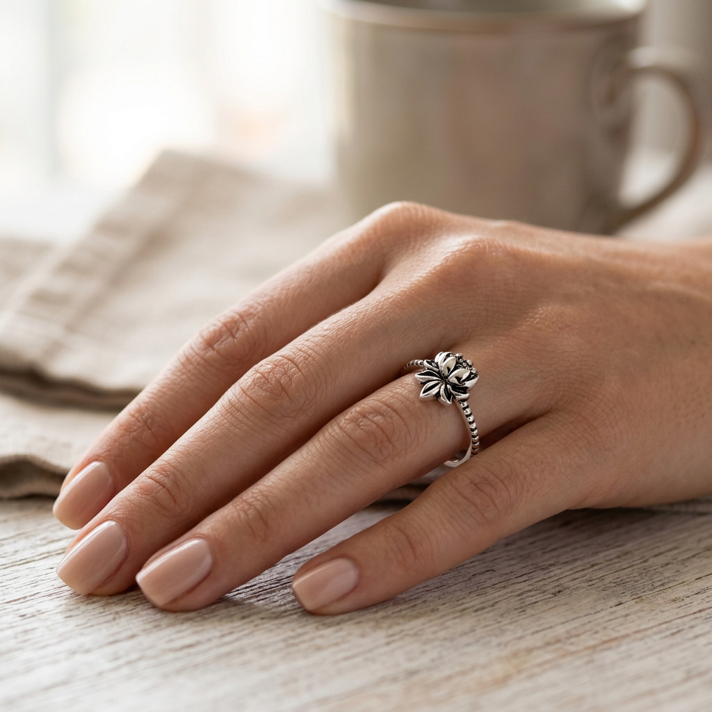 Sterling Silver Oxidized Lotus Flower Beaded Thin Band Ring for Women model