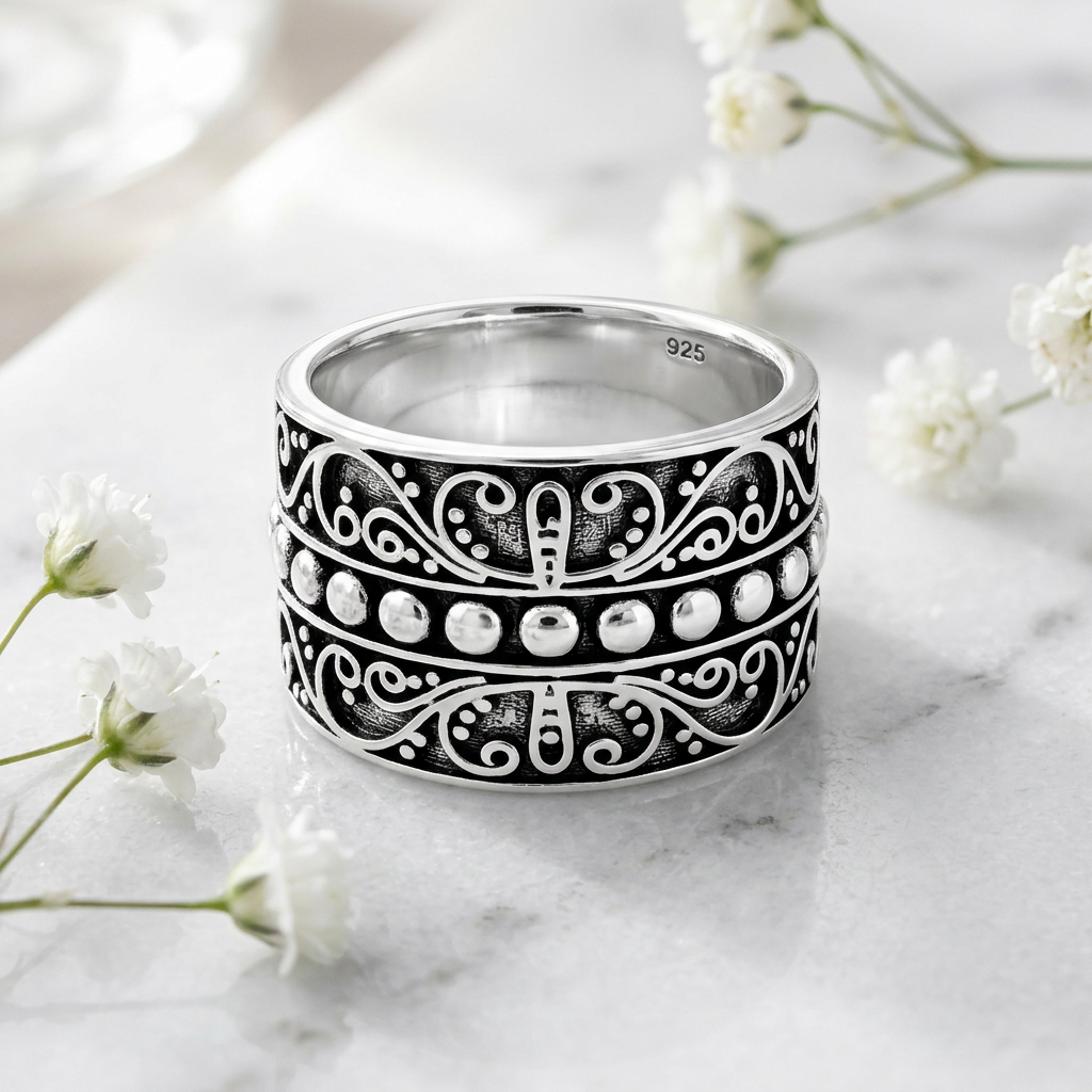 Sterling Silver 10.7mm Wide Oxidized Curling Vine Bead Ring for Women life1