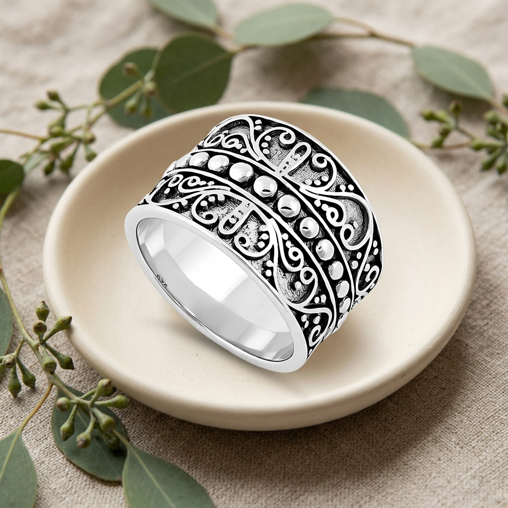 Sterling Silver 10.7mm Wide Oxidized Curling Vine Bead Ring for Women life2