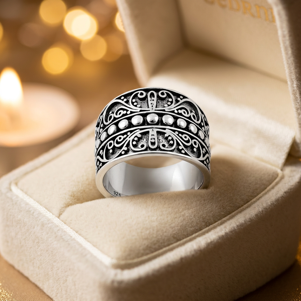 Sterling Silver 10.7mm Wide Oxidized Curling Vine Bead Ring for Women life3