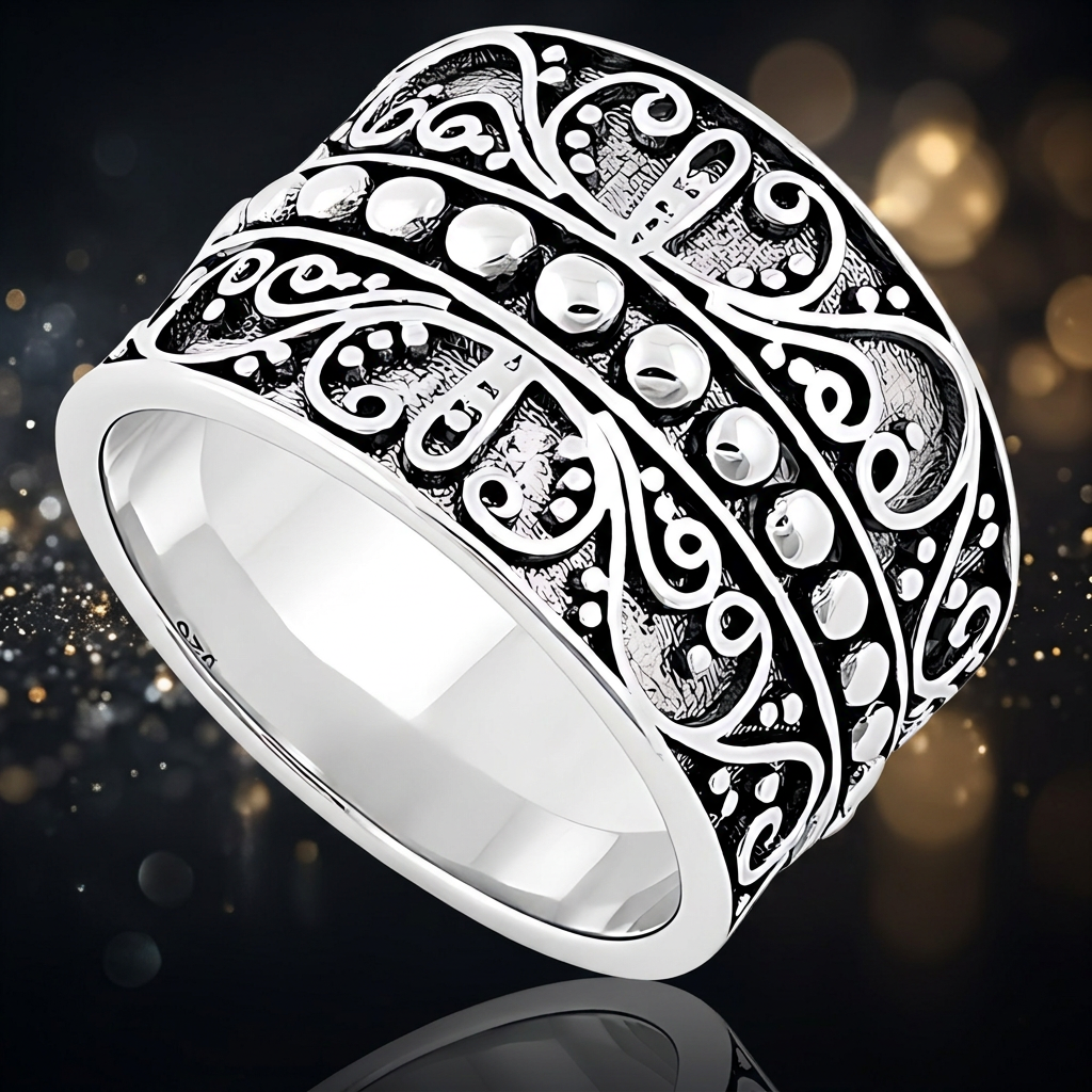 Sterling Silver 10.7mm Wide Oxidized Curling Vine Bead Ring for Women life4