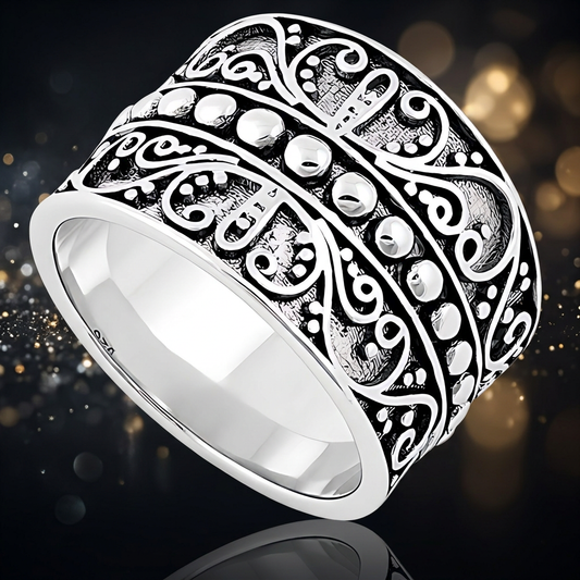 Sterling Silver 10.7mm Wide Oxidized Curling Vine Bead Ring for Women life4