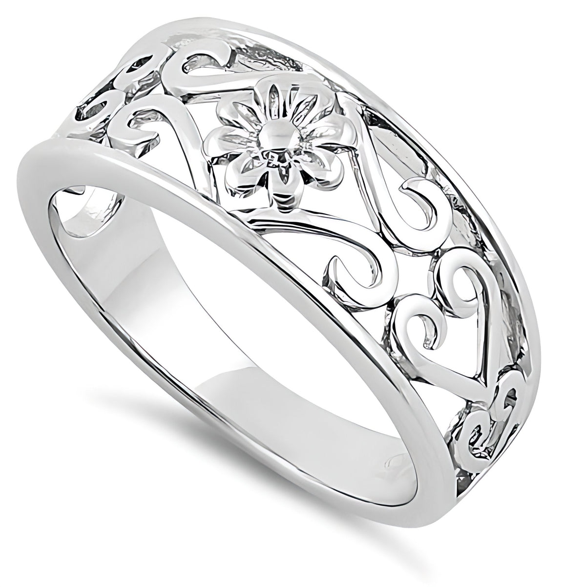 Sterling Silver 5.2mm Filigree Daisy and Scroll Hearts Cigar Band Ring for Women