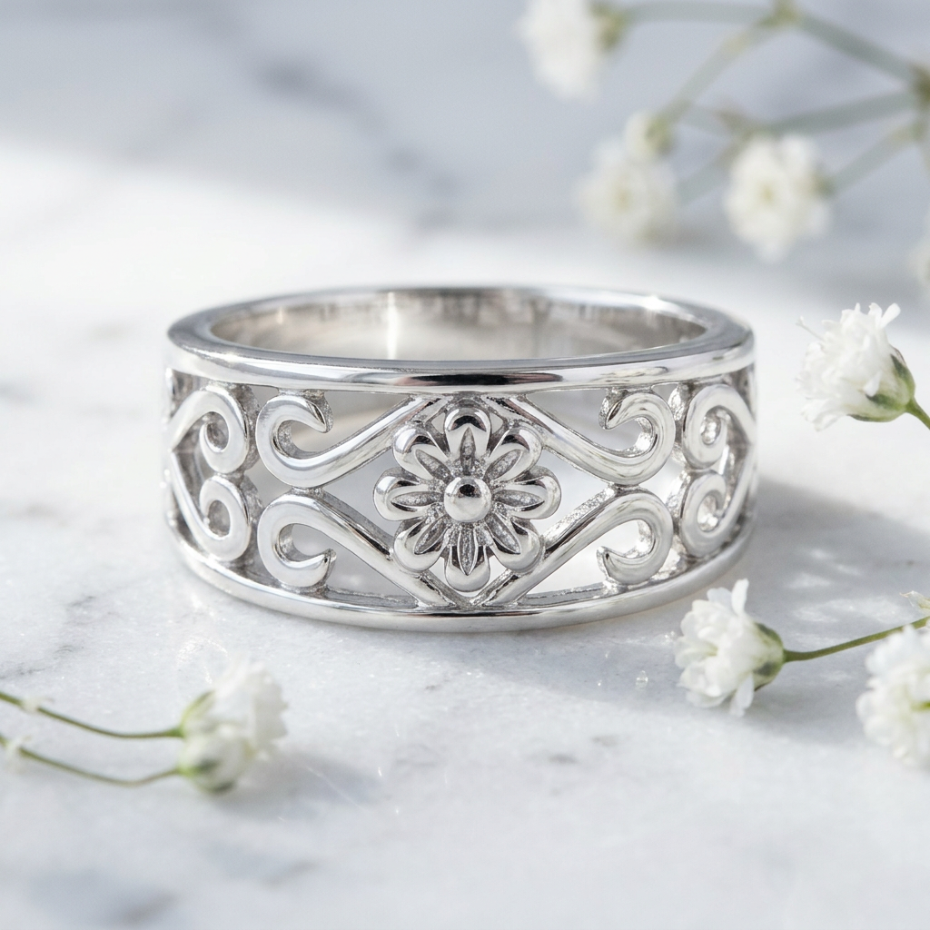 Sterling Silver 5.2mm Filigree Daisy and Scroll Hearts Cigar Band Ring for Women life1