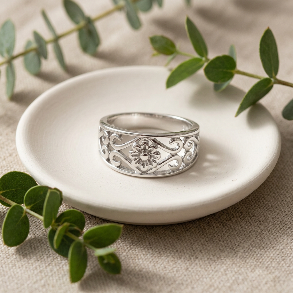Sterling Silver 5.2mm Filigree Daisy and Scroll Hearts Cigar Band Ring for Women life2