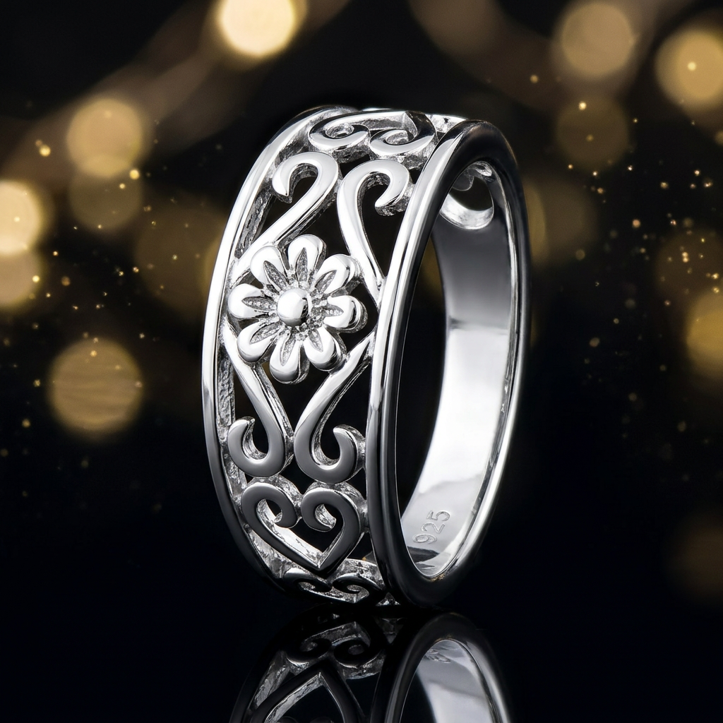 Sterling Silver 5.2mm Filigree Daisy and Scroll Hearts Cigar Band Ring for Women life4