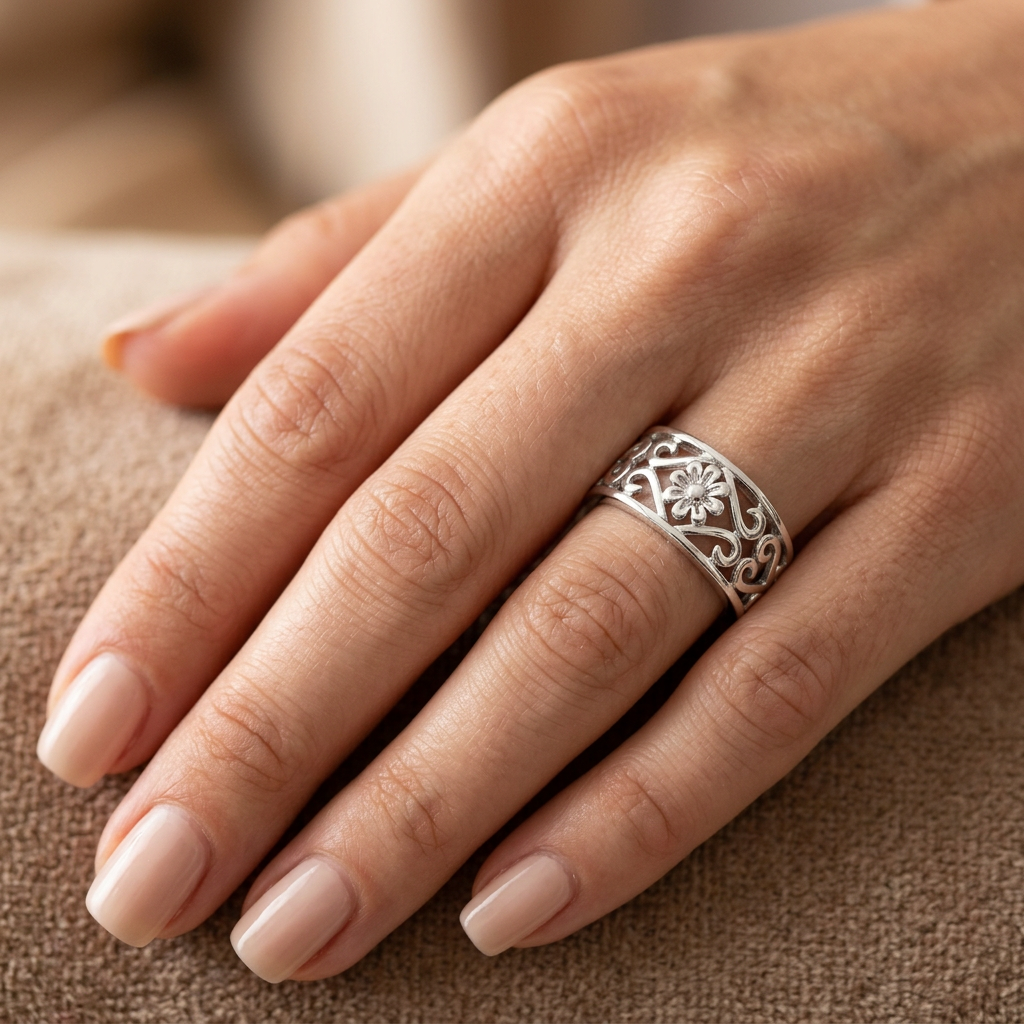 Sterling Silver 5.2mm Filigree Daisy and Scroll Hearts Cigar Band Ring for Women model
