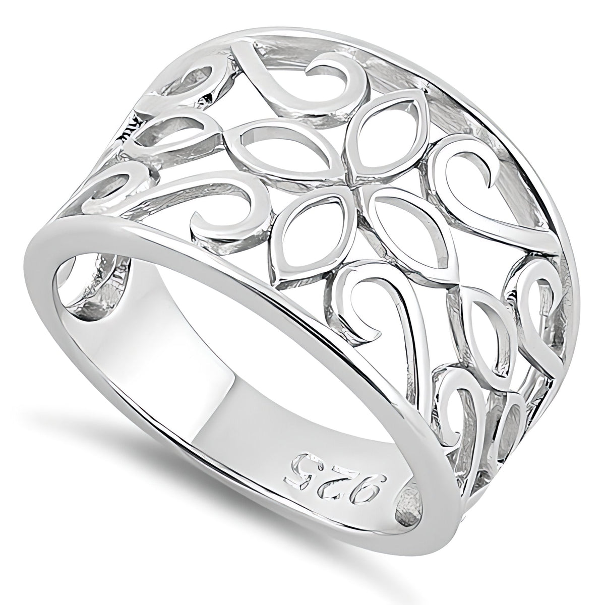 Sterling Silver 6.9mm Wide Filigree Marquise Petal Flower Scroll Band Ring for Women