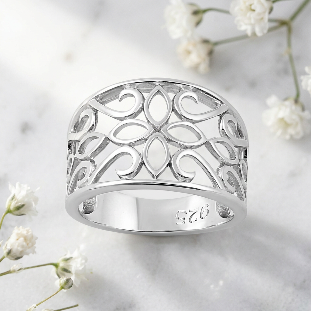 Sterling Silver 6.9mm Wide Filigree Marquise Petal Flower Scroll Band Ring for Women life1