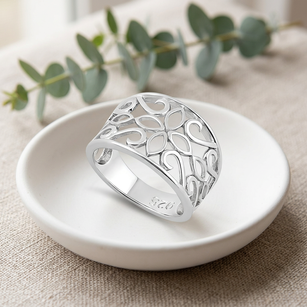 Sterling Silver 6.9mm Wide Filigree Marquise Petal Flower Scroll Band Ring for Women life2