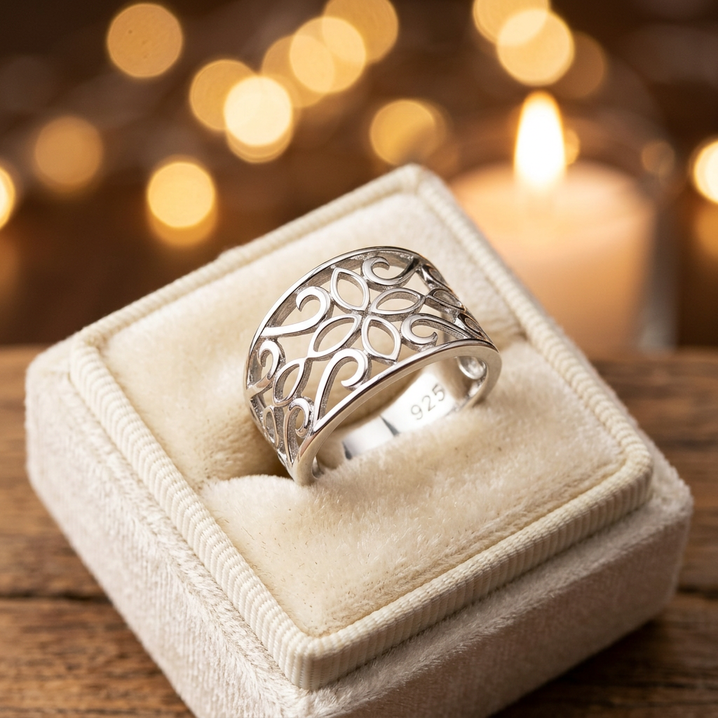Sterling Silver 6.9mm Wide Filigree Marquise Petal Flower Scroll Band Ring for Women life3