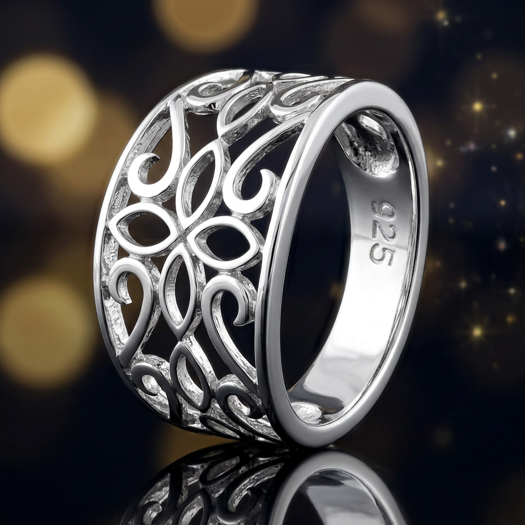 Sterling Silver 6.9mm Wide Filigree Marquise Petal Flower Scroll Band Ring for Women life4