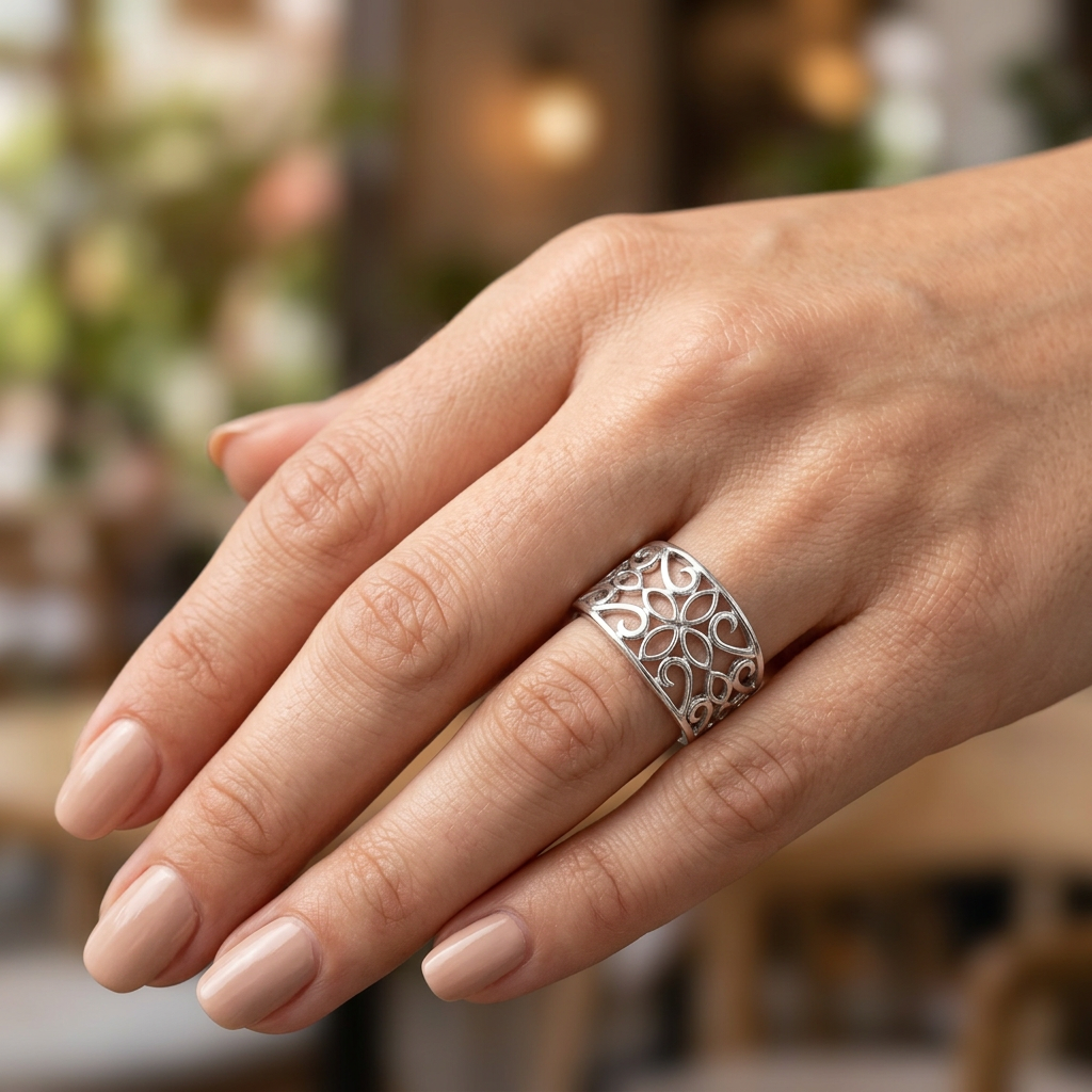 Sterling Silver 6.9mm Wide Filigree Marquise Petal Flower Scroll Band Ring for Women model
