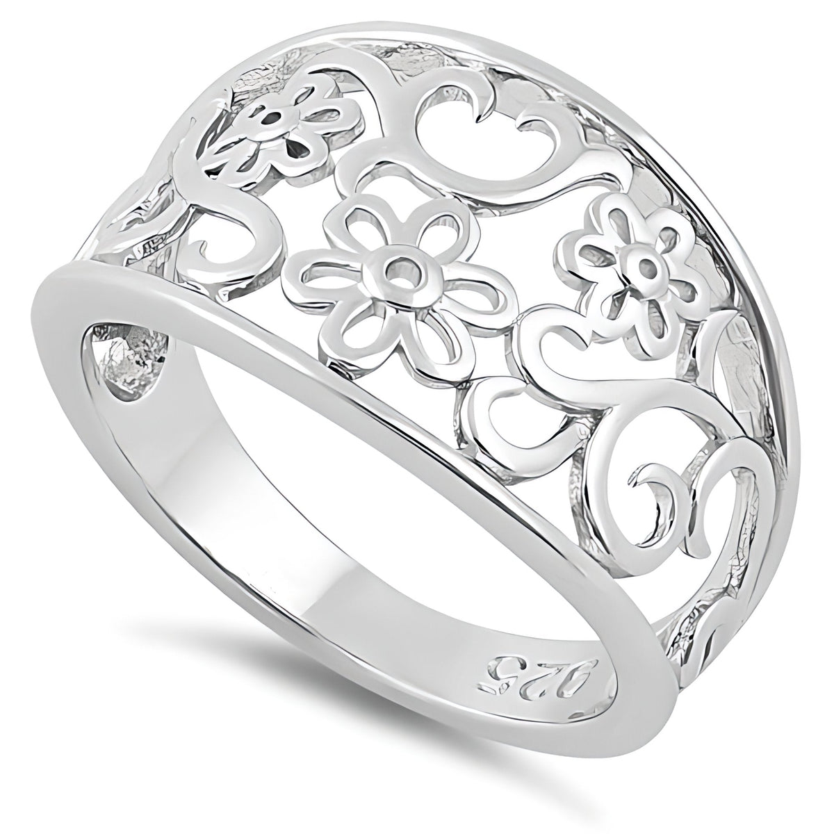 Sterling Silver 4.2mm Openwork Daisy and Scroll Filigree Tapered Band Ring for Women