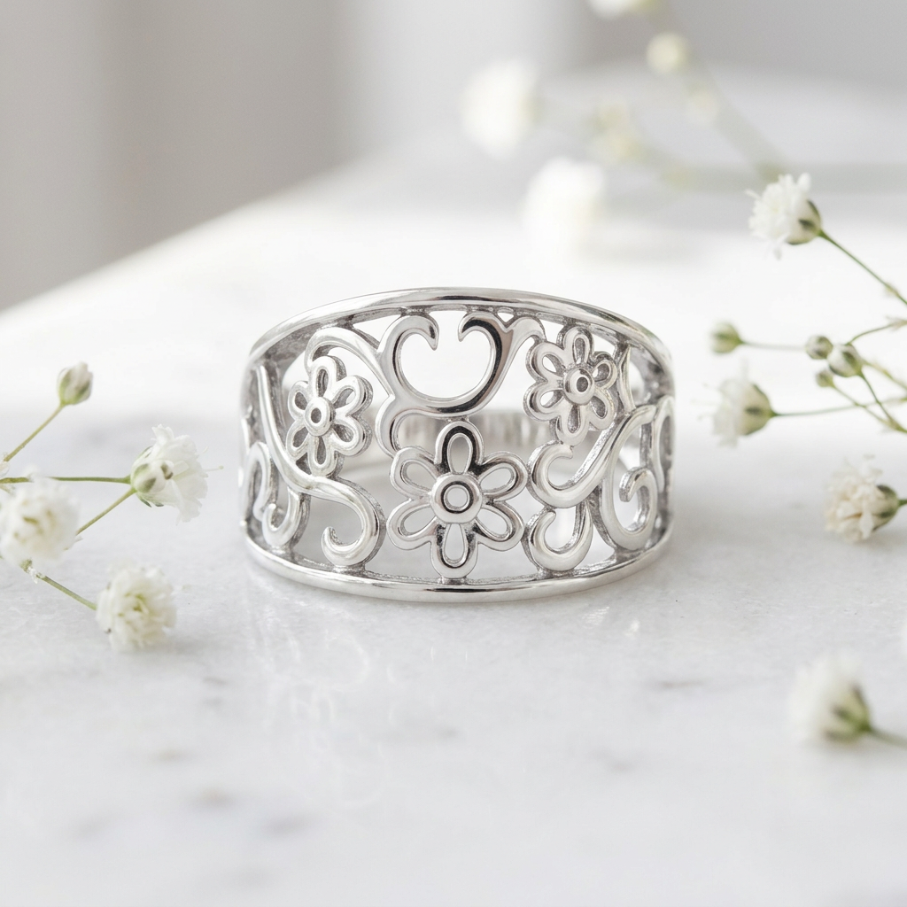 Sterling Silver 4.2mm Openwork Daisy and Scroll Filigree Tapered Band Ring for Women life1