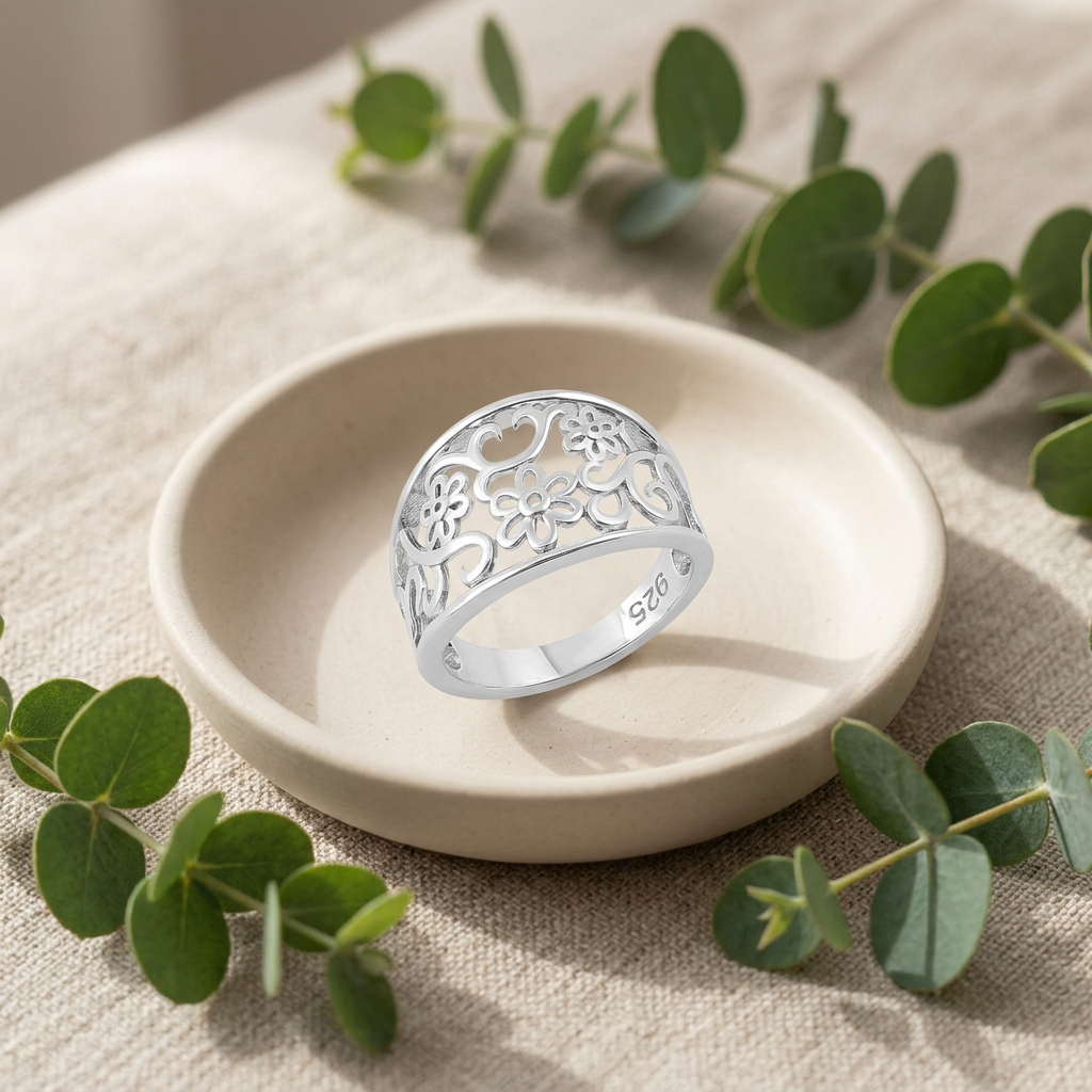 Sterling Silver 4.2mm Openwork Daisy and Scroll Filigree Tapered Band Ring for Women life2