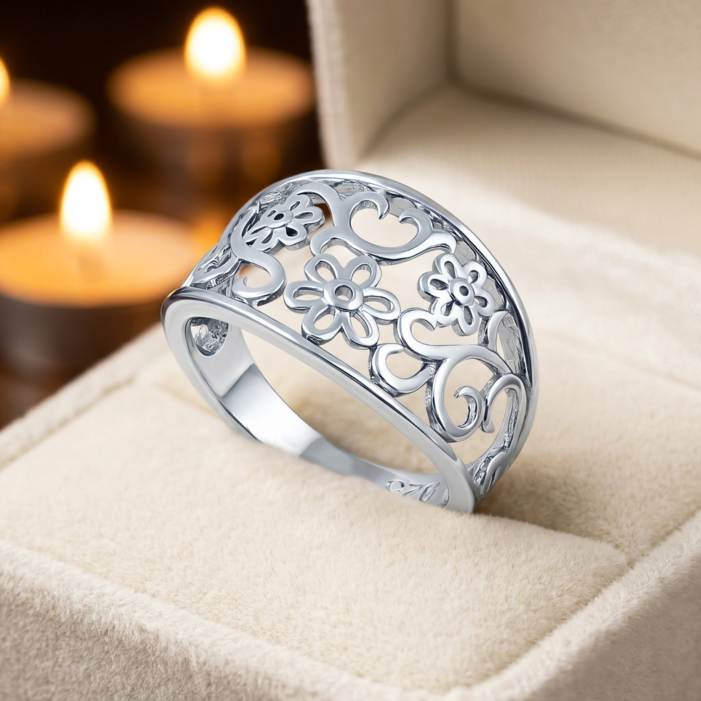 Sterling Silver 4.2mm Openwork Daisy and Scroll Filigree Tapered Band Ring for Women life3