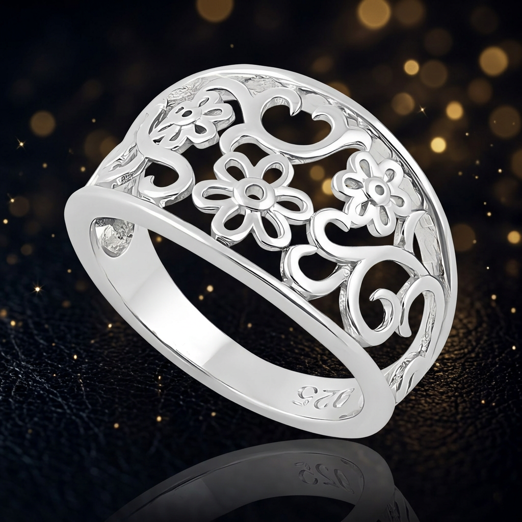 Sterling Silver 4.2mm Openwork Daisy and Scroll Filigree Tapered Band Ring for Women life4