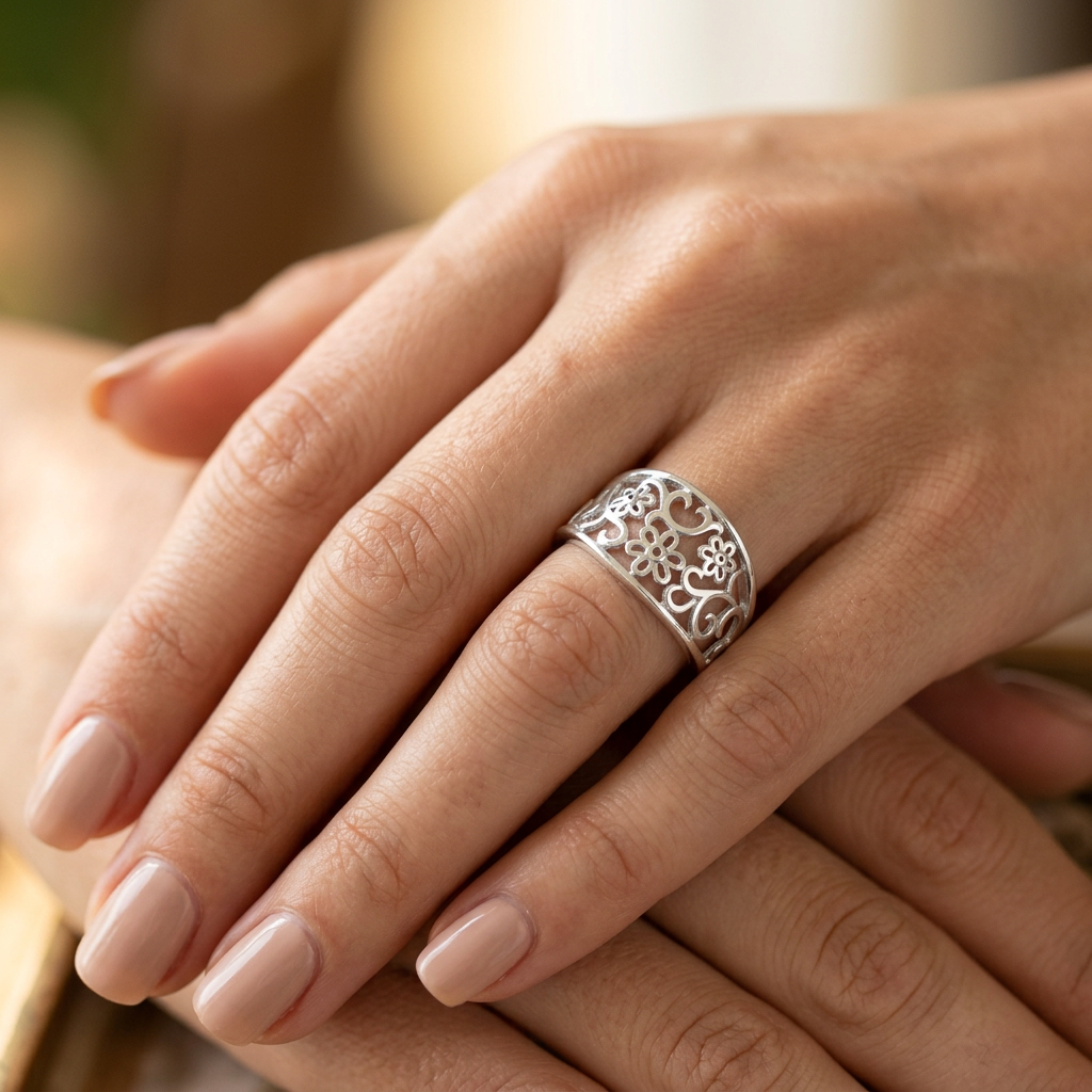 Sterling Silver 4.2mm Openwork Daisy and Scroll Filigree Tapered Band Ring for Women model