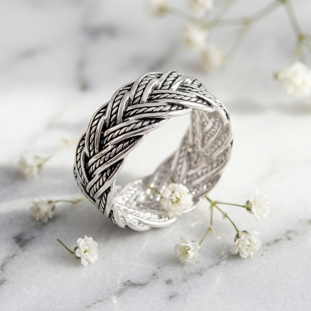 Sterling Silver 7.5mm Oxidized Rope Braid Woven Band Ring, Unisex life1