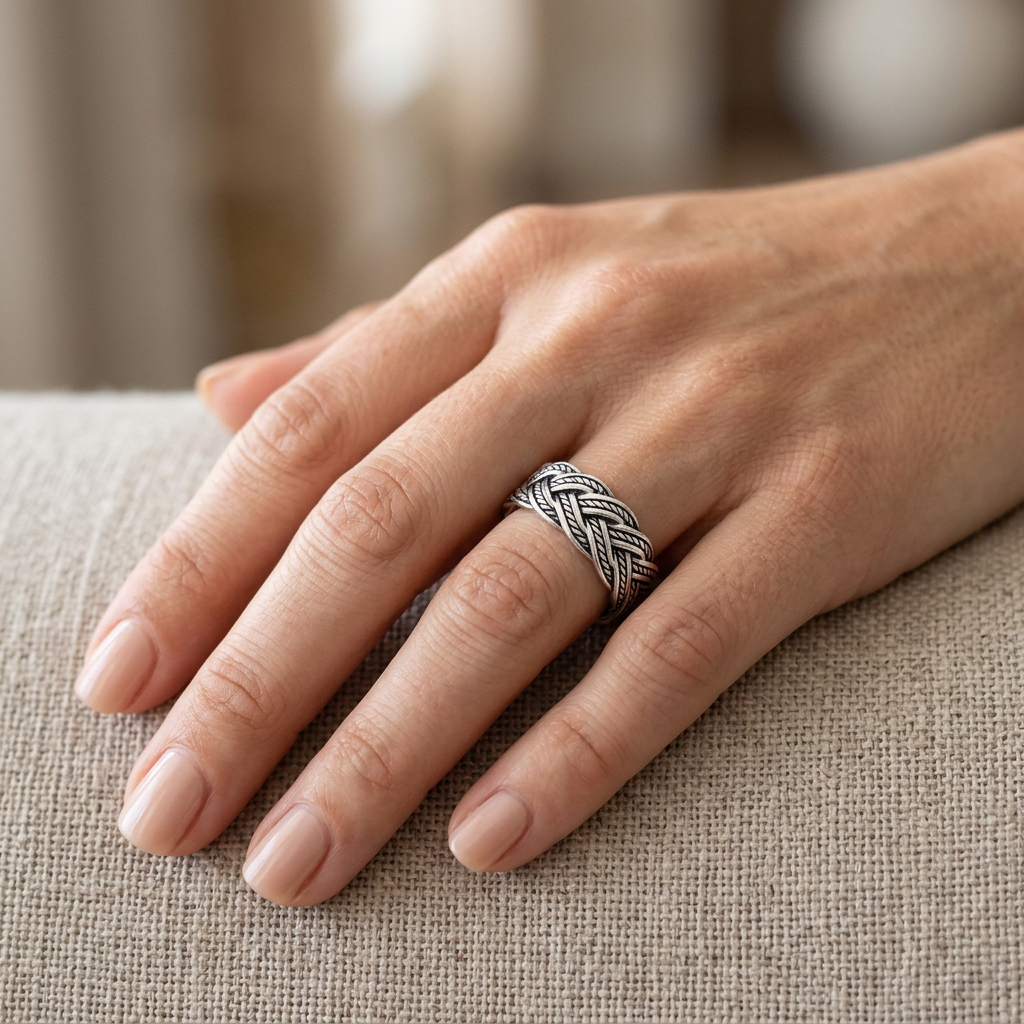 Sterling Silver 7.5mm Oxidized Rope Braid Woven Band Ring, Unisex model