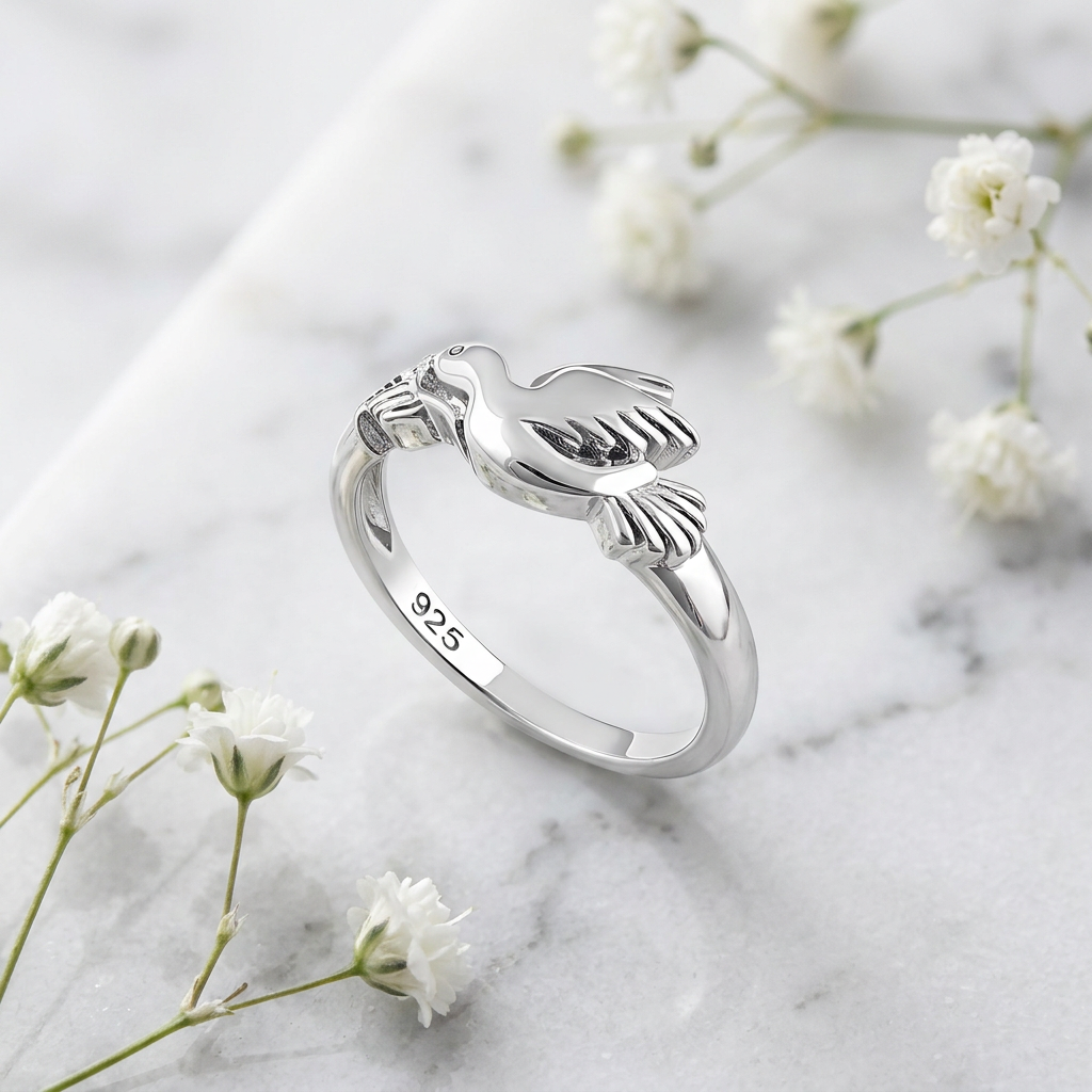 Sterling Silver 2.4mm Sculpted Flying Dove Bird Peace Ring for Women life1