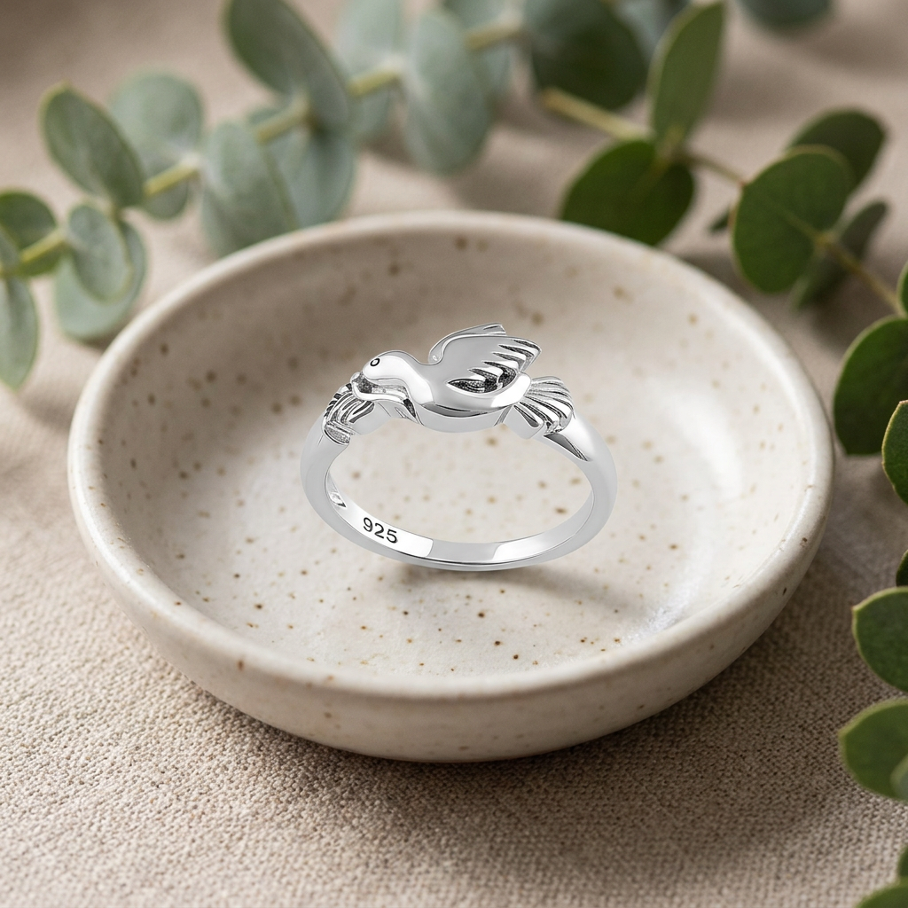 Sterling Silver 2.4mm Sculpted Flying Dove Bird Peace Ring for Women life2