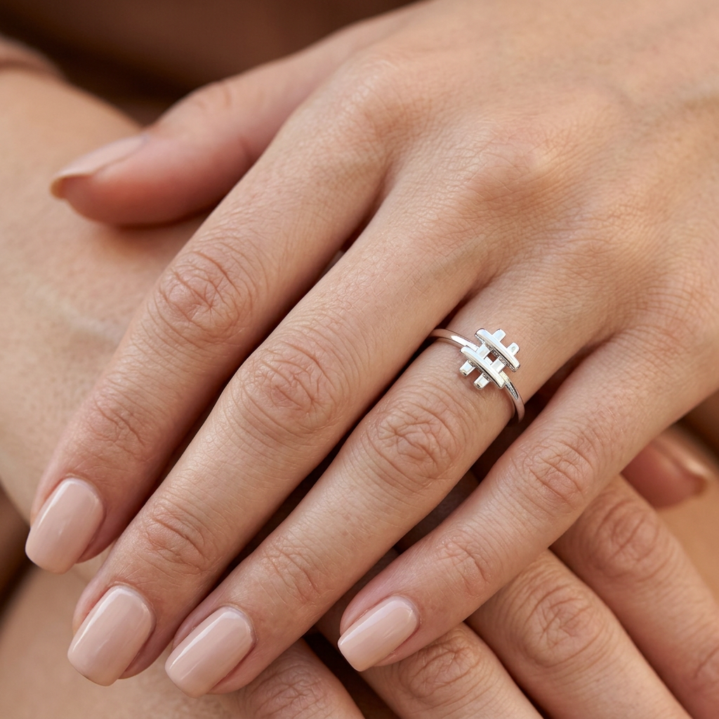 Sterling Silver 1.3mm Hashtag Symbol Thin Stacking Ring for Women model