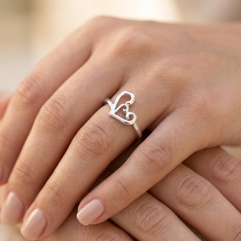 Sterling Silver Open Curly Scroll Heart Promise Ring for Women, 1.8mm Band model