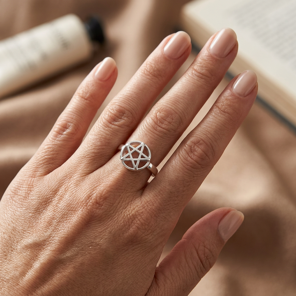 Sterling Silver 2.2mm Pentagram Star Circle Ring, Unisex model