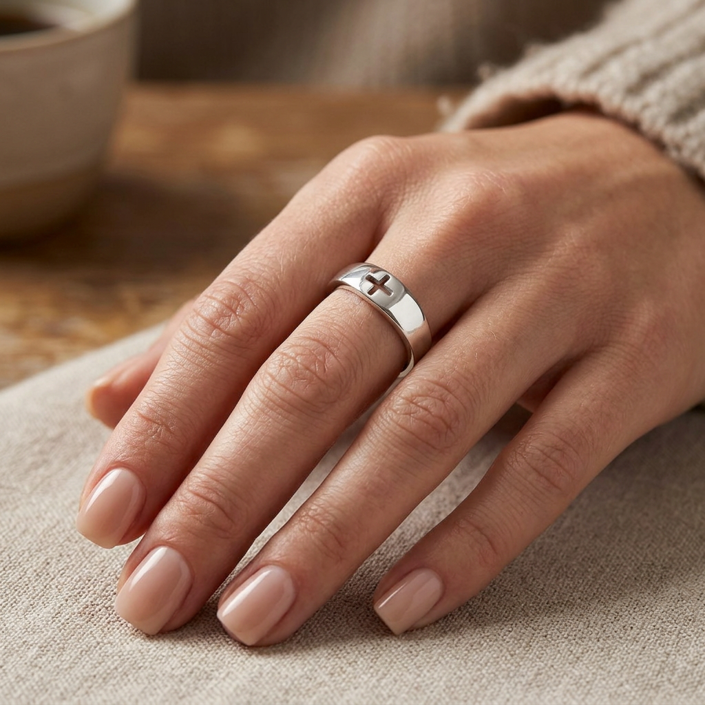 Sterling Silver 3.5mm Open Cross Cutout Band Ring, Unisex model