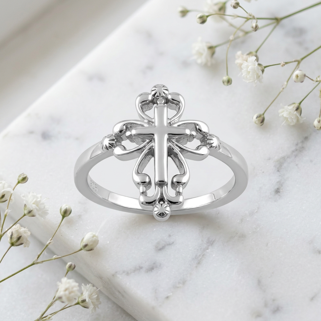 Sterling Silver Vintage Scroll Cross Ring for Women life1