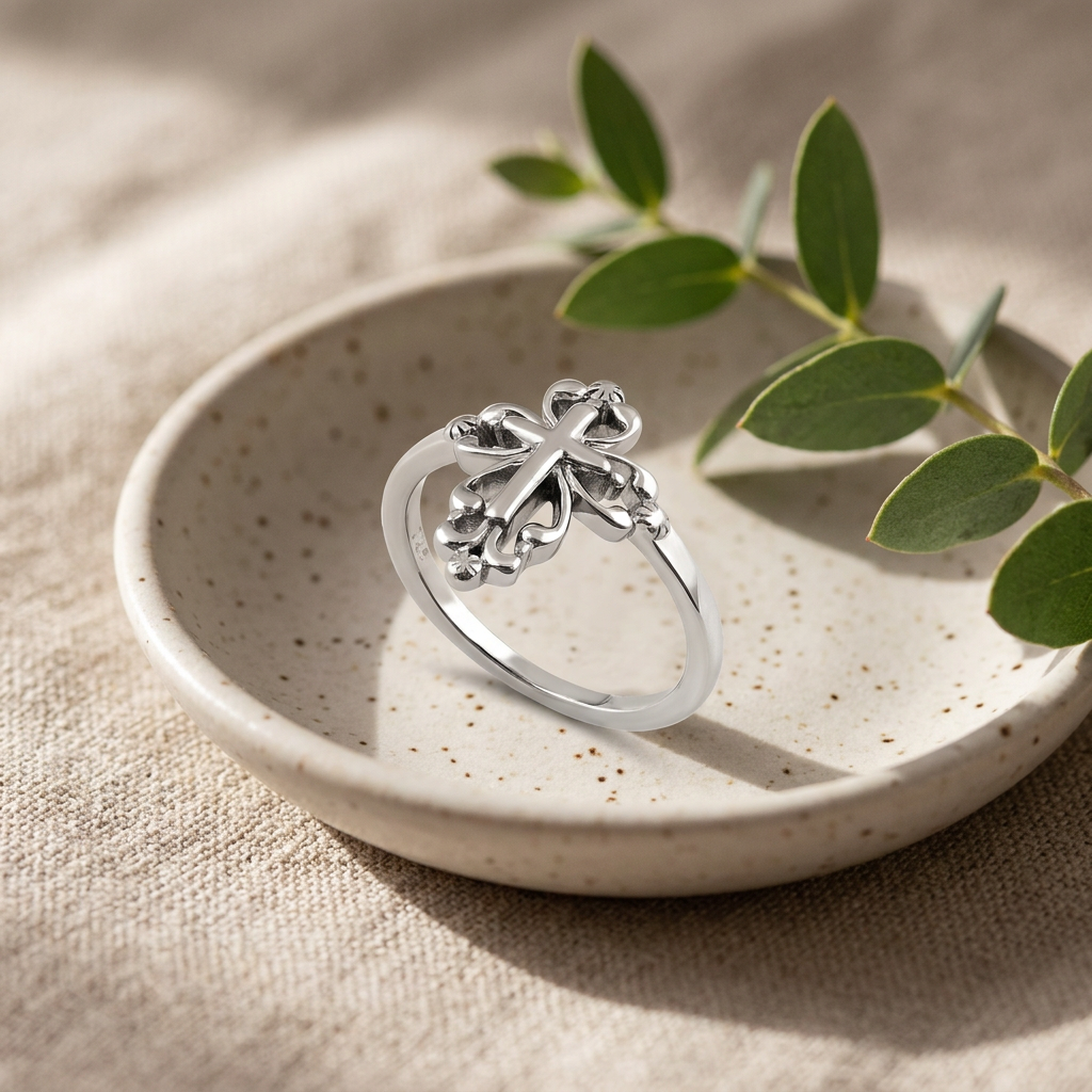 Sterling Silver Vintage Scroll Cross Ring for Women life2