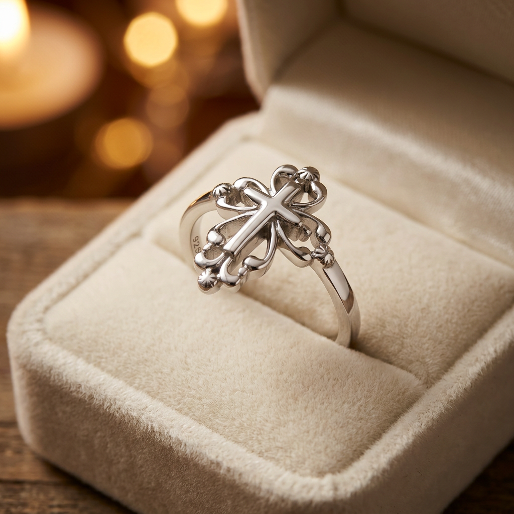 Sterling Silver Vintage Scroll Cross Ring for Women life3
