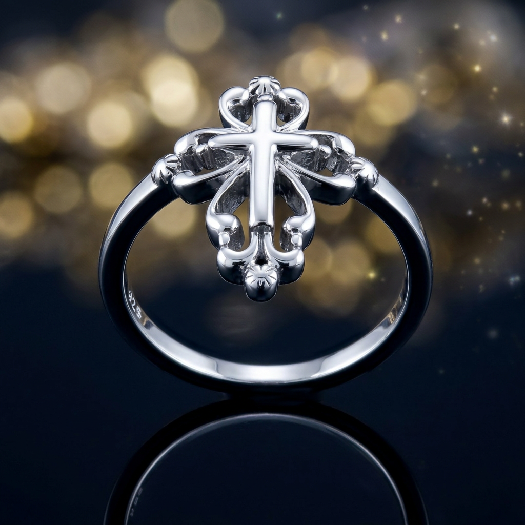 Sterling Silver Vintage Scroll Cross Ring for Women life4