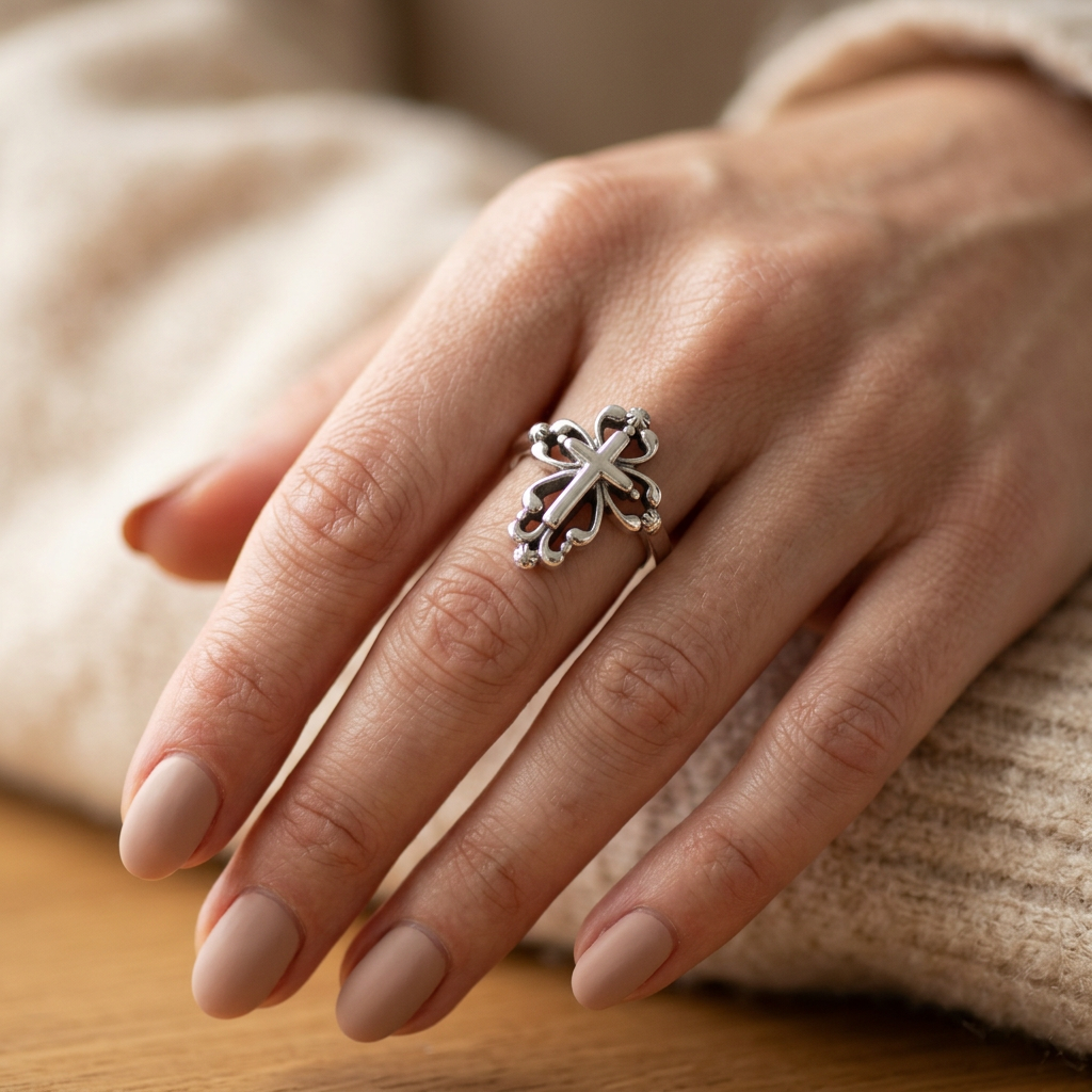 Sterling Silver Vintage Scroll Cross Ring for Women model