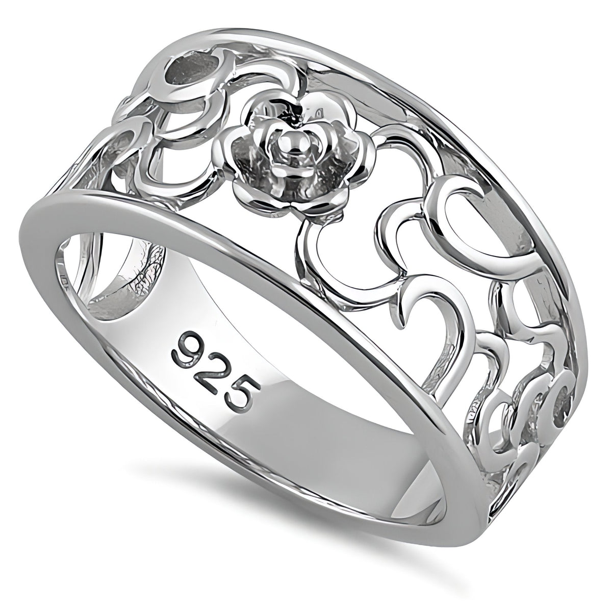 Sterling Silver 5.4mm Openwork Rose Flower Scroll Band Ring for Women