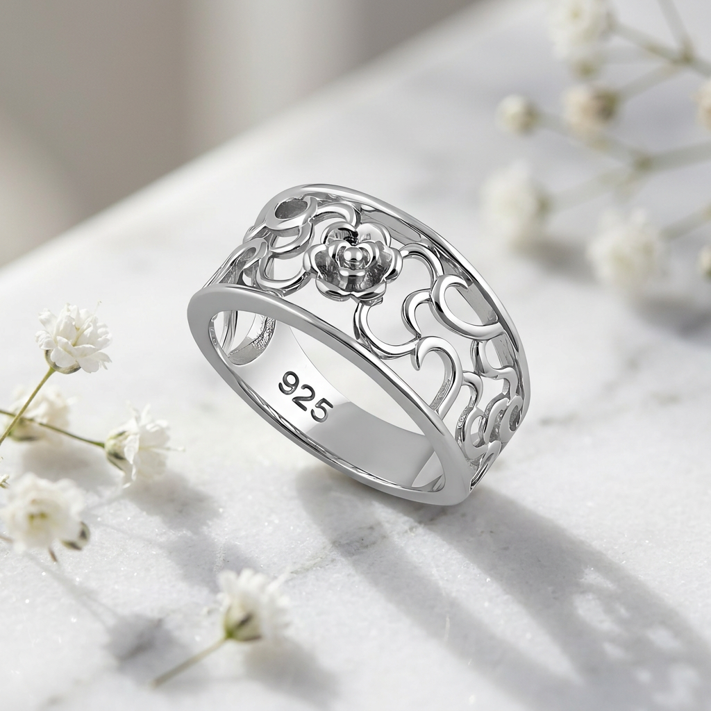 Sterling Silver 5.4mm Openwork Rose Flower Scroll Band Ring for Women life1