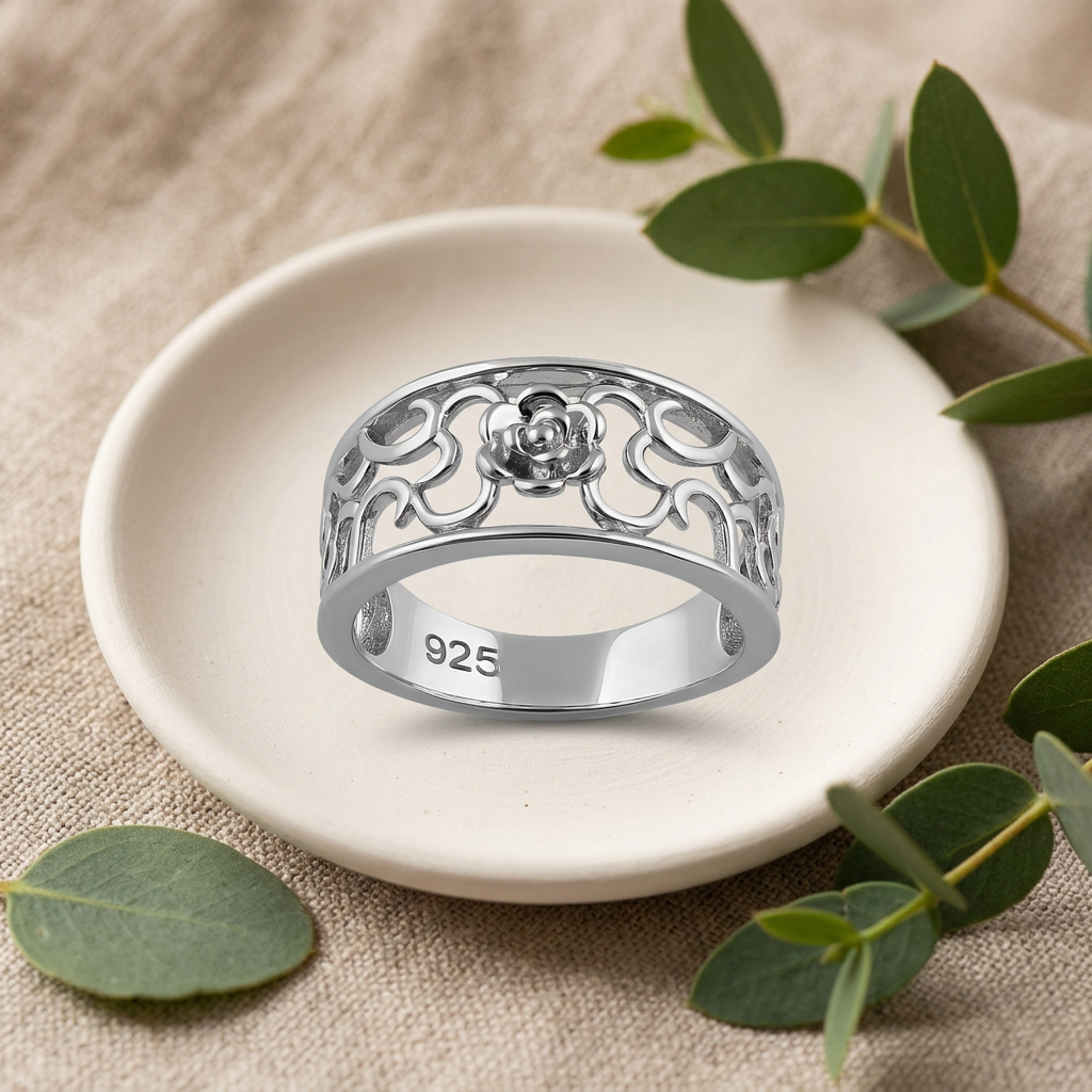 Sterling Silver 5.4mm Openwork Rose Flower Scroll Band Ring for Women life2