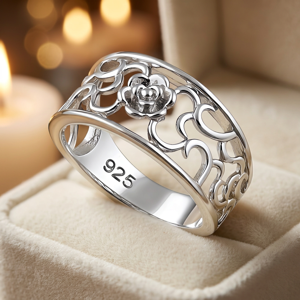 Sterling Silver 5.4mm Openwork Rose Flower Scroll Band Ring for Women life3