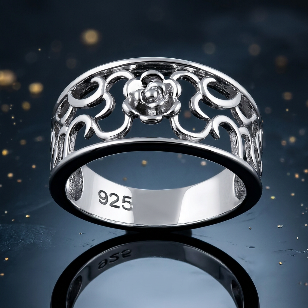 Sterling Silver 5.4mm Openwork Rose Flower Scroll Band Ring for Women life4