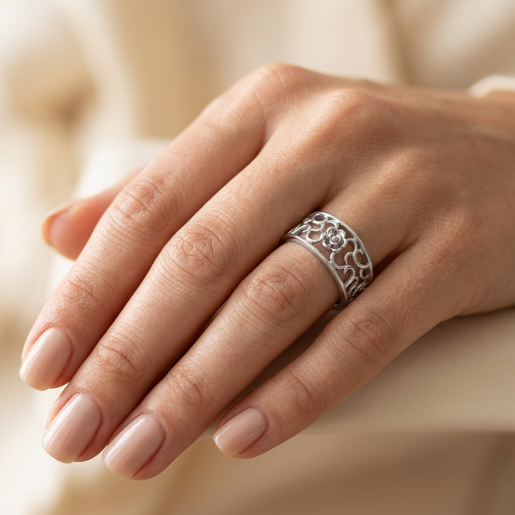 Sterling Silver 5.4mm Openwork Rose Flower Scroll Band Ring for Women model