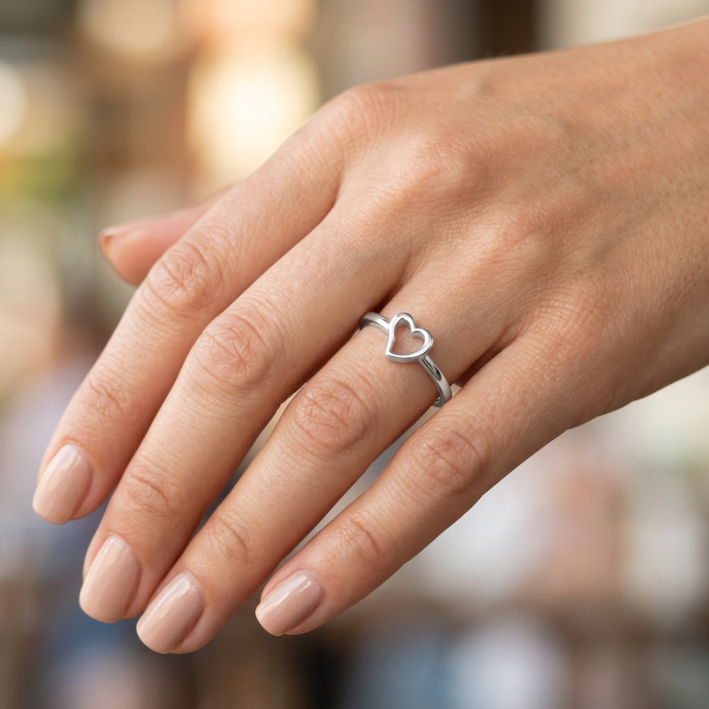Sterling Silver 1.3mm Tiny Open Heart Outline Stacking Ring for Women model