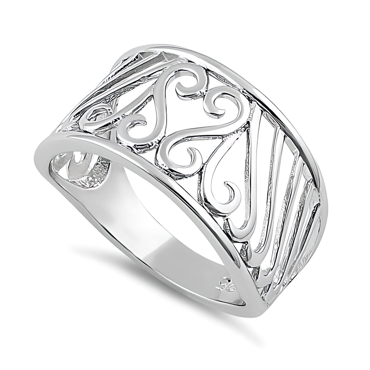 Sterling Silver 5mm Openwork Scroll Heart and Arch Wide Tapered Band Ring for Women