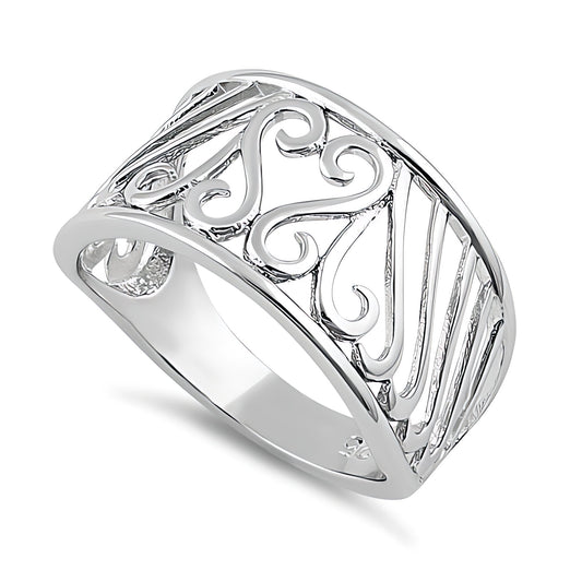 Sterling Silver 5mm Openwork Scroll Heart and Arch Wide Tapered Band Ring for Women