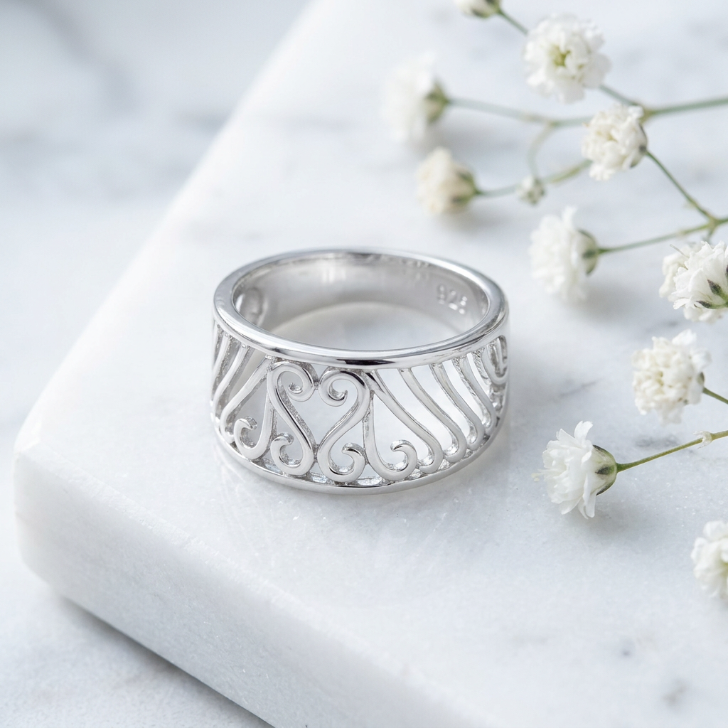 Sterling Silver 5mm Openwork Scroll Heart and Arch Wide Tapered Band Ring for Women life1