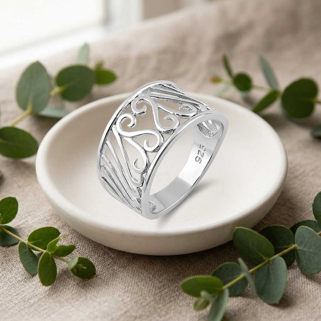Sterling Silver 5mm Openwork Scroll Heart and Arch Wide Tapered Band Ring for Women life2