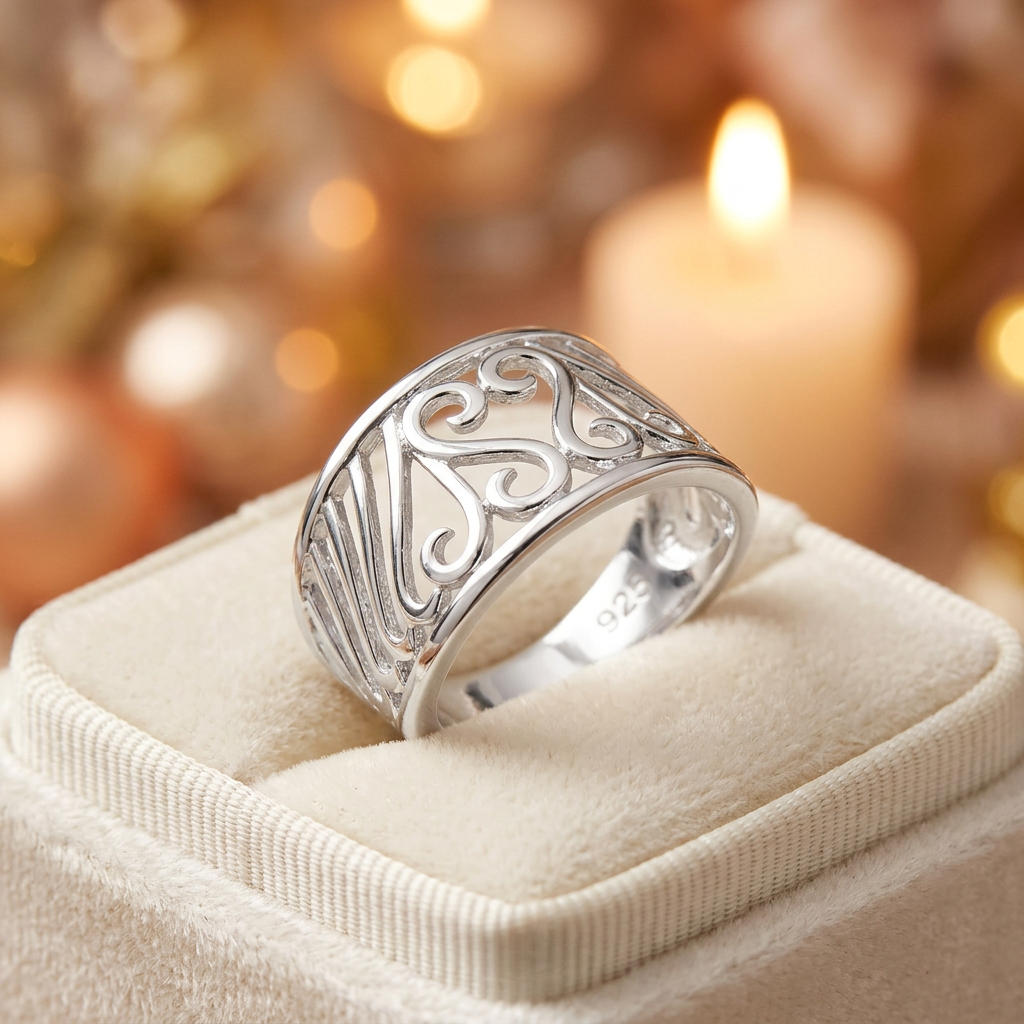 Sterling Silver 5mm Openwork Scroll Heart and Arch Wide Tapered Band Ring for Women life3