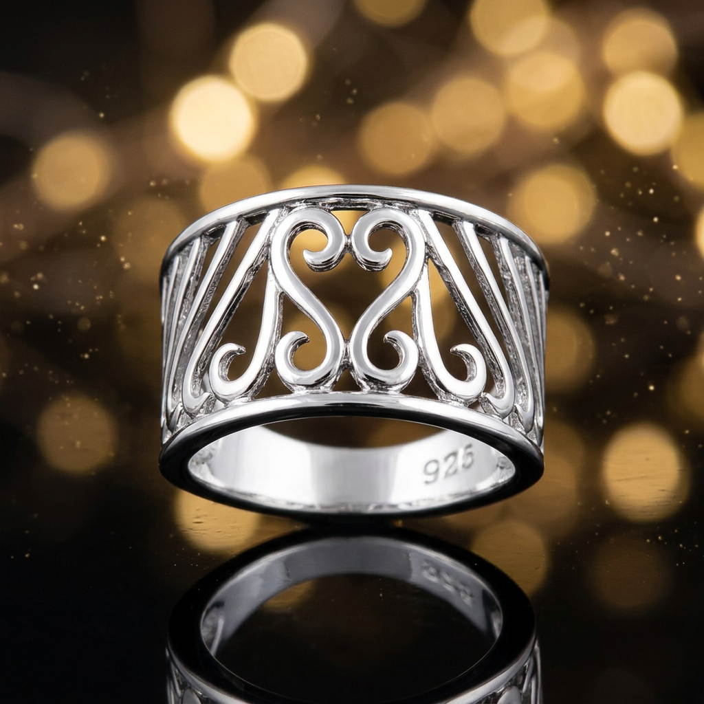 Sterling Silver 5mm Openwork Scroll Heart and Arch Wide Tapered Band Ring for Women life4
